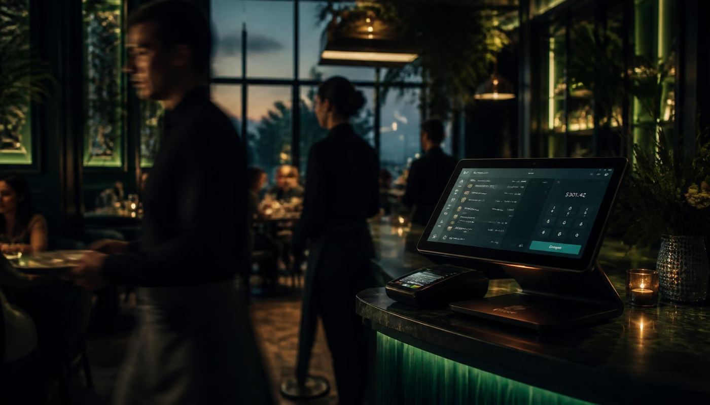 Busy dusk service at a restaurant, server at the POS terminal with warm ambient lighting